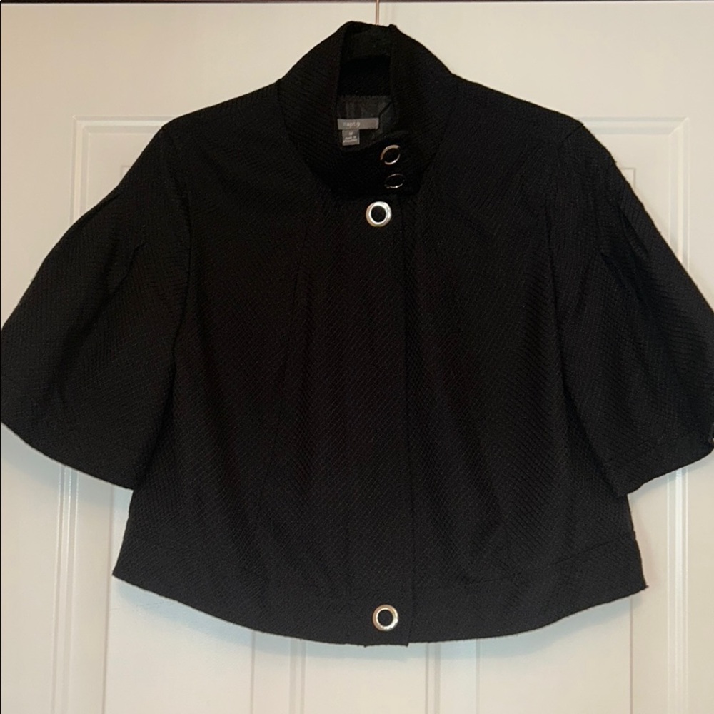 APT 9 Bolero SS Full Zip Jacket M BLACK Silver Crop Career Comfort Textured
